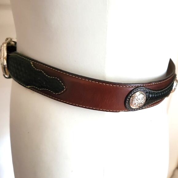 Justin Brown Black Leather Belt Braided Western Conchos Silver Tooled Buckle 30 - Picture 6 of 13